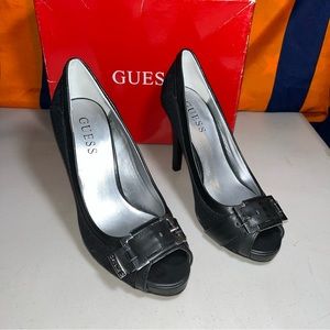 GUESS Peep Toe Heels Malee Platform Stilettos black multifabric size 7 M G print